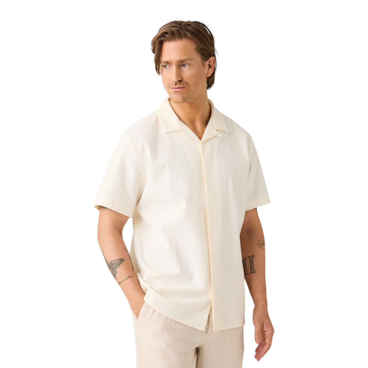Knowledge Cotton Relaxed Seersucker Shirt Egret