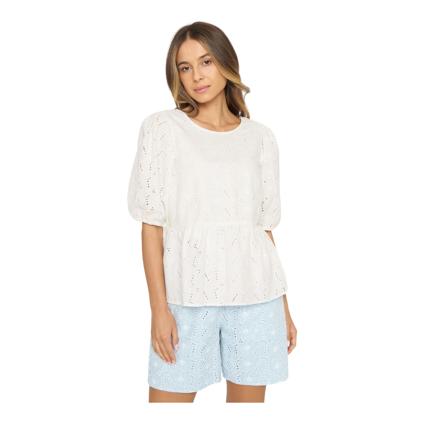 Knowledge Cotton Puff Sleeve Embroidery Anglaise Top